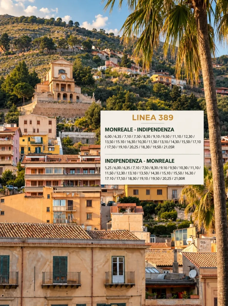 Bus 389 from Palermo to Monreale with timetable and Monreale view