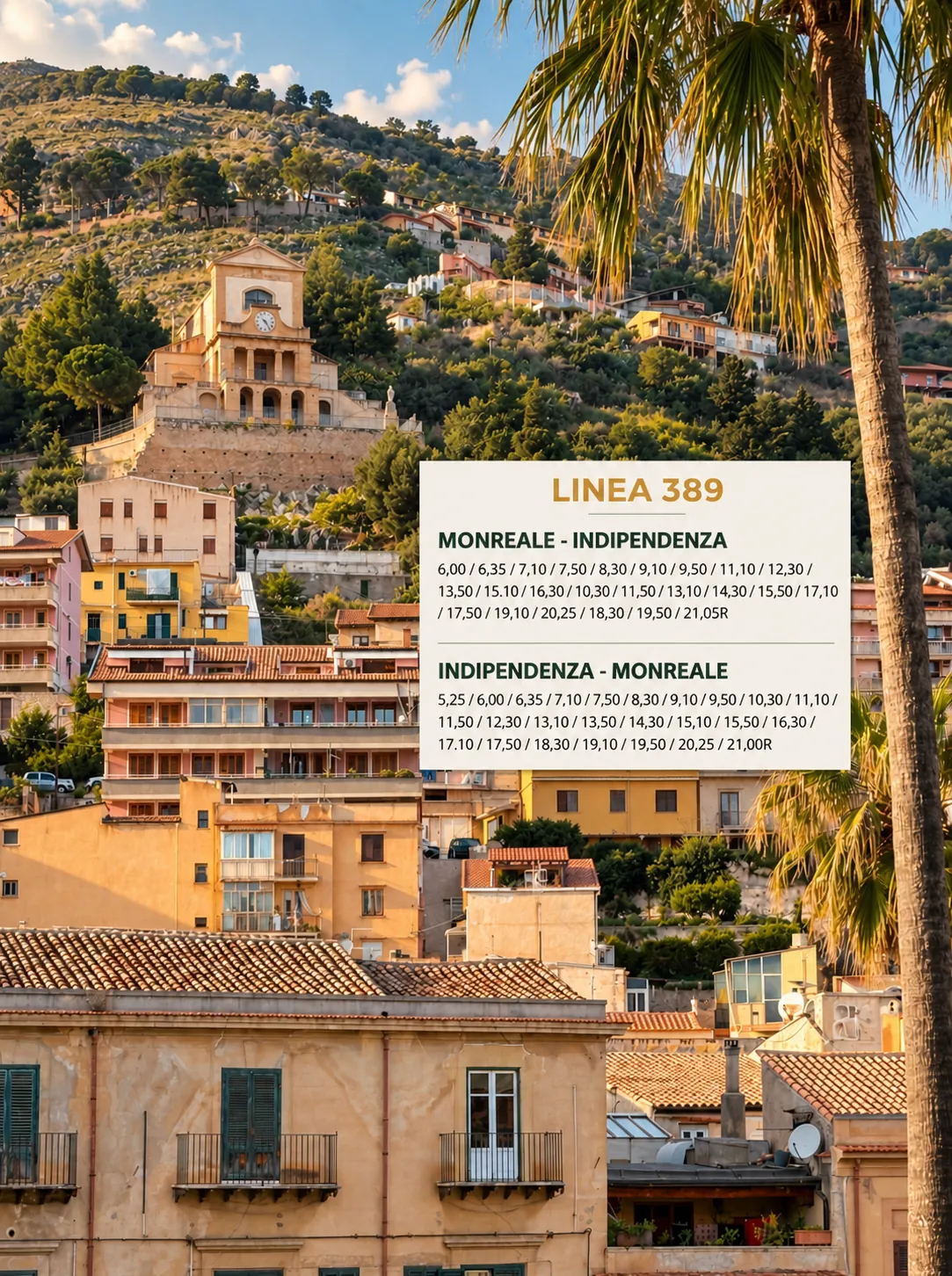 Bus 389 from Palermo to Monreale with timetable and Monreale view